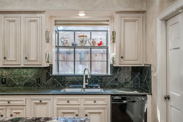 2522 Nantucket Dr Unit C, Houston, TX 77057 - kitchen with black dishwasher, cream cabinetry, a sink, and backsplash