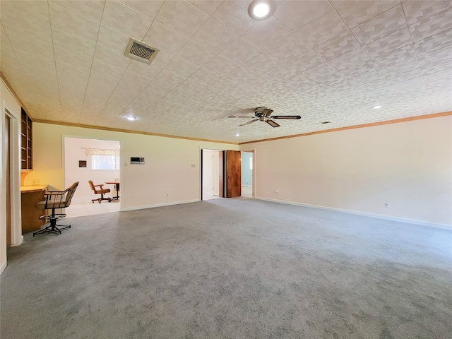 unfurnished living room with crown molding and ceiling fan