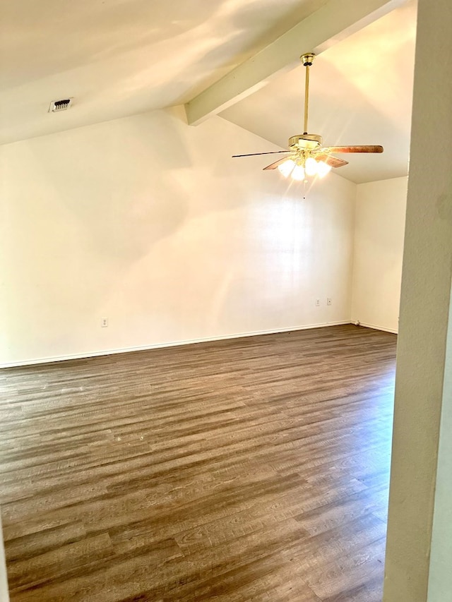 unfurnished room with lofted ceiling with beams, ceiling fan, and dark hardwood / wood-style flooring