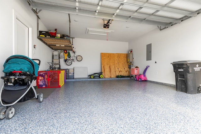 garage with a garage door opener and electric panel