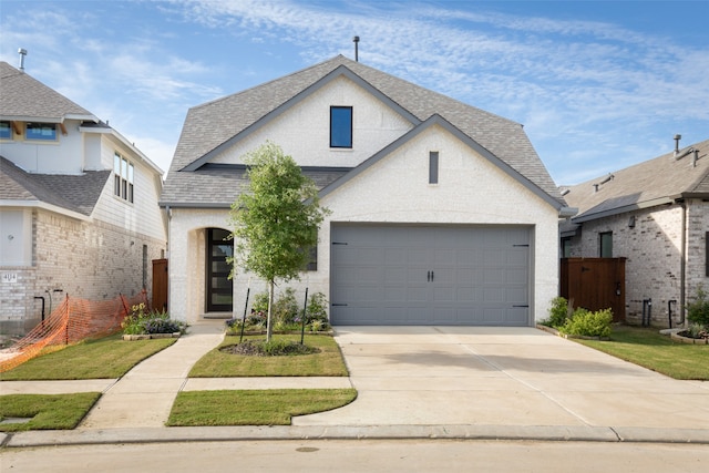 french country home featuring a front lawn and a garage