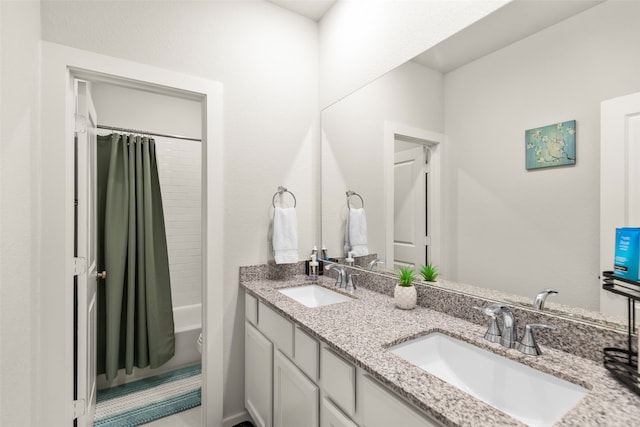 full bathroom with toilet, vanity, and shower / bathtub combination with curtain