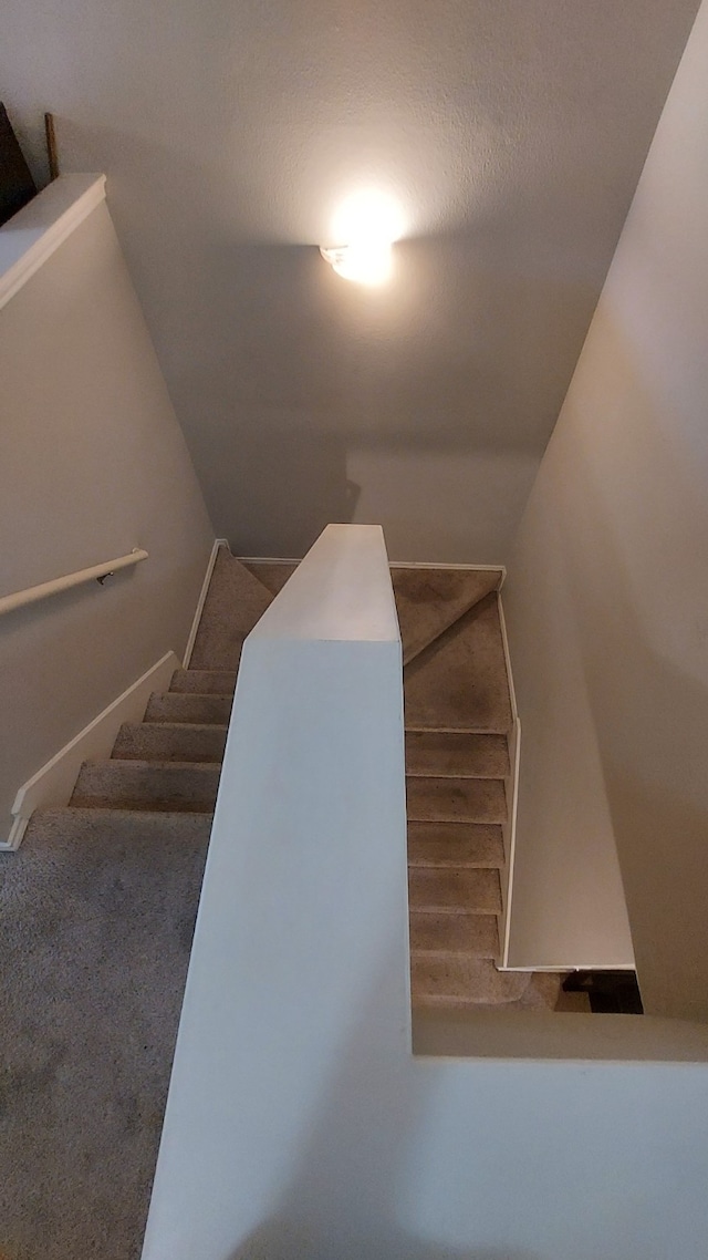 staircase with carpet flooring and a textured ceiling