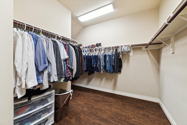 walk in closet featuring lofted ceiling and dark wood-type flooring