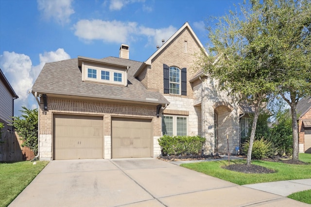 view of front of property with a front yard and a garage