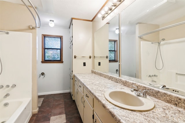 bathroom with vanity, shower / bath combination, and ornamental molding