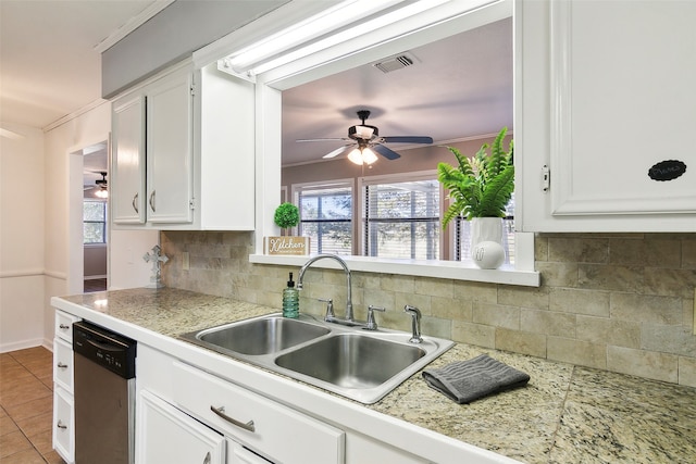 kitchen with sink, dishwasher, white cabinets, and backsplash