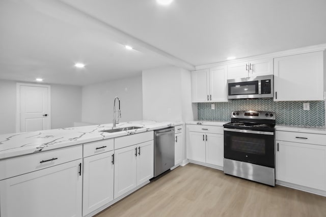 kitchen featuring white cabinets, sink, stainless steel appliances, and light hardwood / wood-style flooring