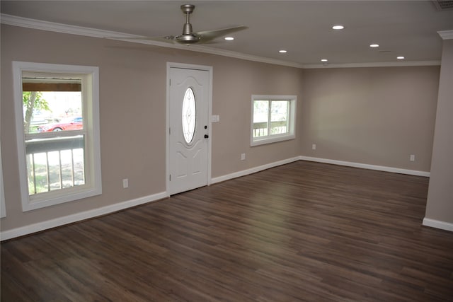 foyer entrance featuring ceiling fan, dark hardwood / wood-style floors, crown molding, and a healthy amount of sunlight