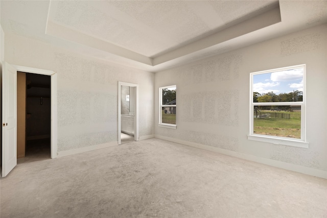 interior space with a textured ceiling and a tray ceiling