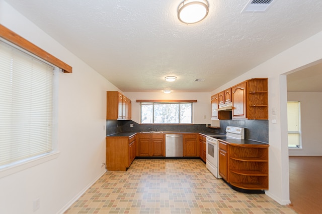 kitchen with dishwasher, a textured ceiling, and white range with electric cooktop