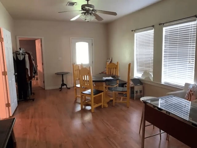 living area with wood-type flooring, ceiling fan, and a healthy amount of sunlight