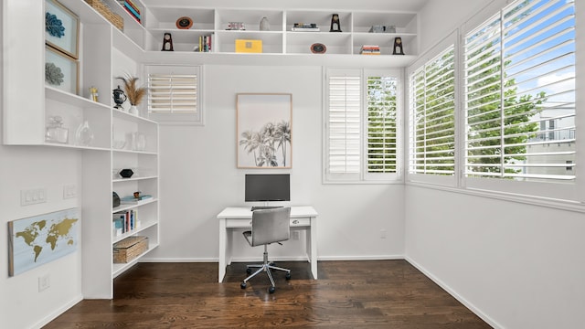 office space featuring plenty of natural light and dark wood-type flooring