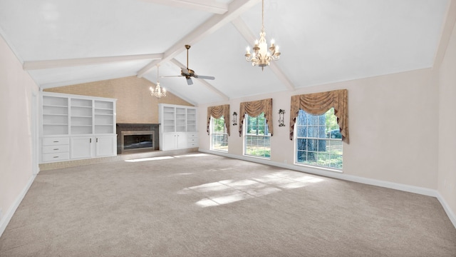 unfurnished living room with vaulted ceiling with beams, ceiling fan with notable chandelier, and carpet flooring