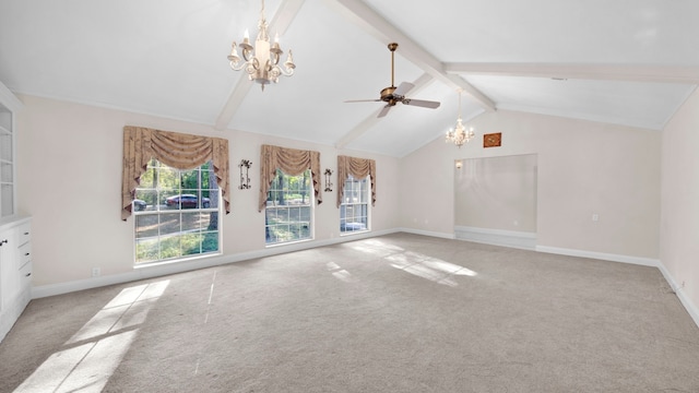 interior space with light carpet, vaulted ceiling with beams, and ceiling fan