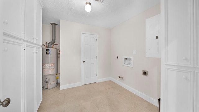 laundry area with washer hookup, electric panel, cabinets, hookup for an electric dryer, and gas water heater