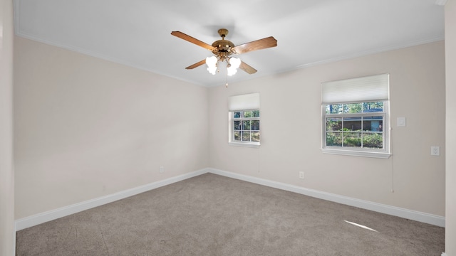 carpeted spare room featuring ornamental molding, a wealth of natural light, and ceiling fan