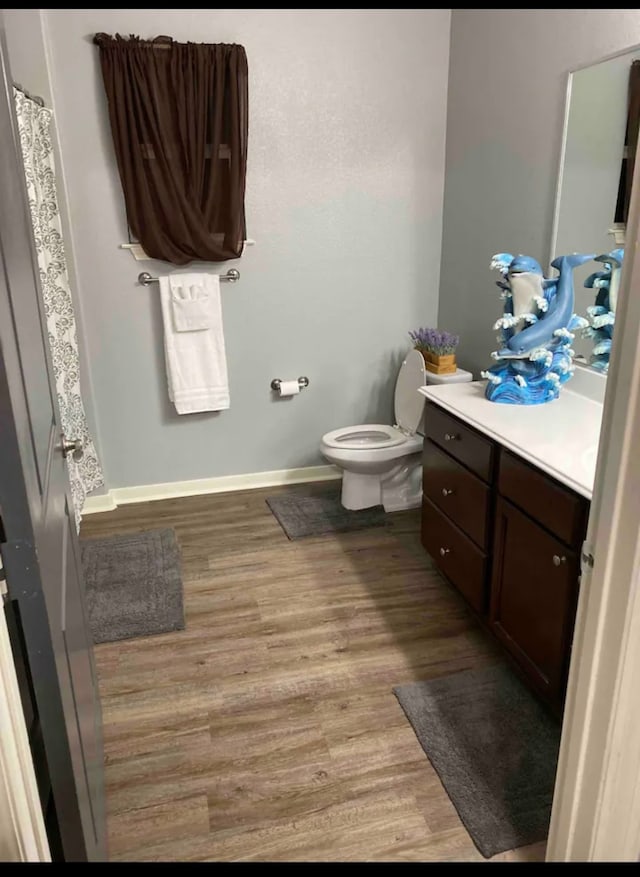 bathroom with toilet, vanity, and wood-type flooring