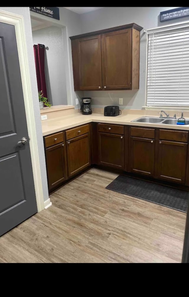 kitchen with dark brown cabinetry, sink, and light hardwood / wood-style floors