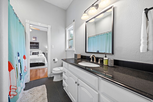 bathroom with vanity, hardwood / wood-style floors, and toilet