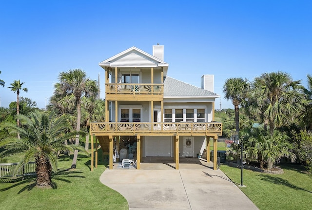 coastal inspired home with a garage and a front lawn