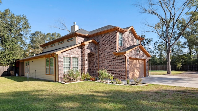 view of property exterior featuring a yard and a garage