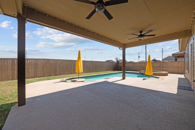 view of pool featuring ceiling fan and a patio area