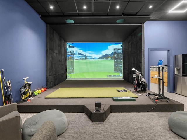 game room featuring carpet flooring and golf simulator