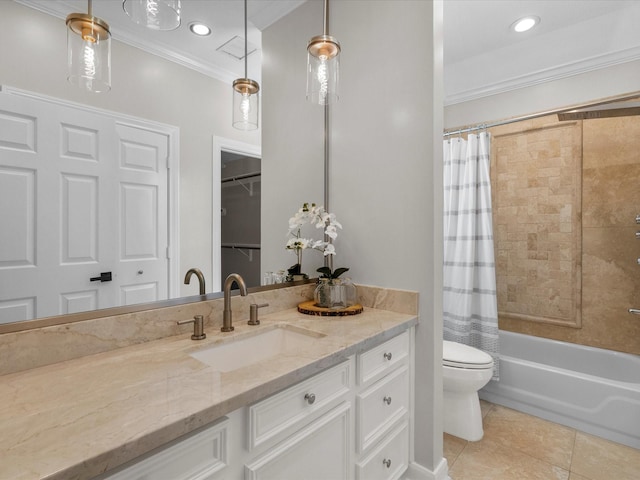 full bathroom featuring ornamental molding, vanity, shower / tub combo with curtain, tile patterned flooring, and toilet