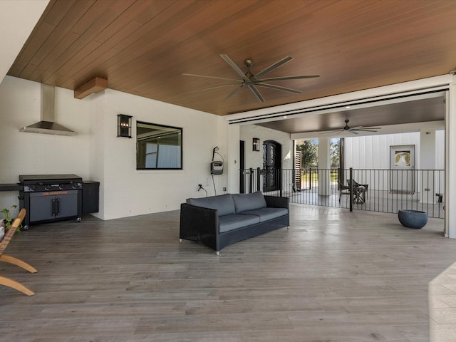 exterior space featuring wooden ceiling and wood-type flooring