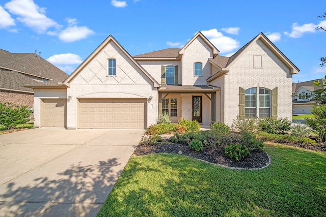 view of front of home featuring a front lawn and a garage