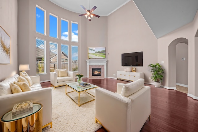 living room with a high ceiling, dark wood-type flooring, a fireplace, and a healthy amount of sunlight