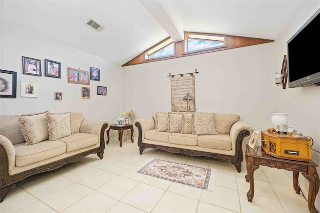 living room featuring vaulted ceiling with beams and light tile patterned flooring