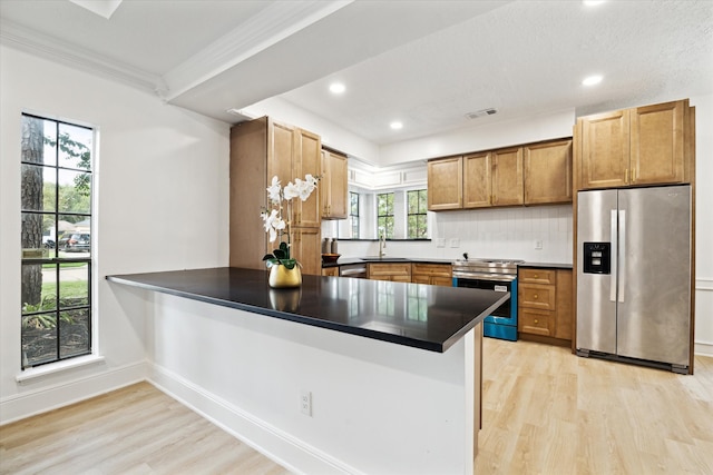 kitchen with kitchen peninsula, appliances with stainless steel finishes, and plenty of natural light