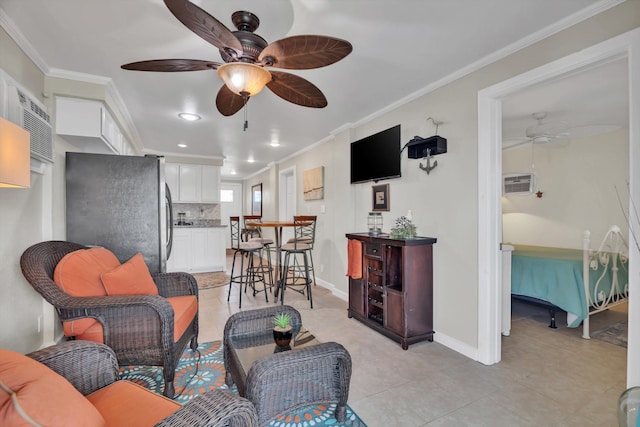 tiled living room with crown molding, an AC wall unit, and ceiling fan