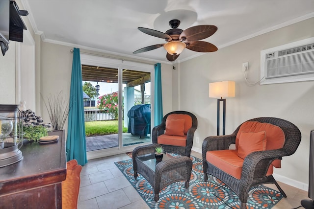 sitting room with an AC wall unit, ornamental molding, light tile patterned flooring, and ceiling fan