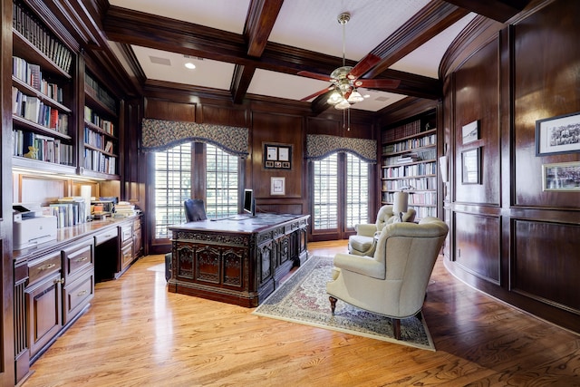 office area featuring light hardwood / wood-style floors, beam ceiling, coffered ceiling, wooden walls, and built in desk