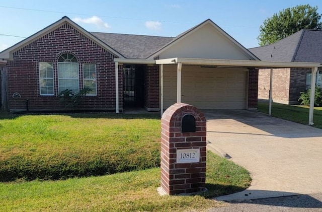 ranch-style house with a garage and a front lawn