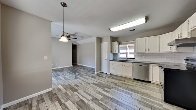 kitchen featuring light wood-type flooring, ceiling fan, black range with electric stovetop, stainless steel dishwasher, and white cabinetry