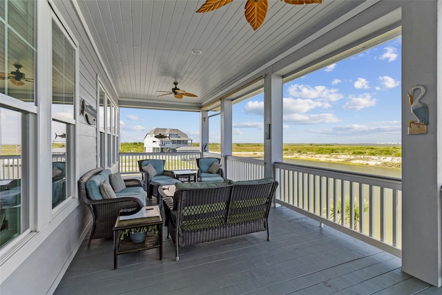 sunroom / solarium featuring ceiling fan and wood ceiling
