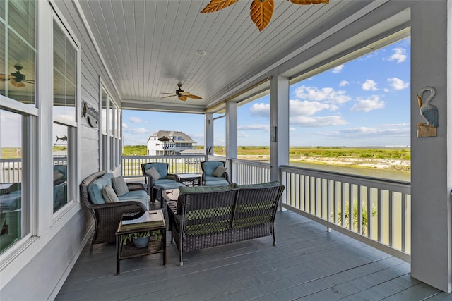 9 Hawkeye, Hitchcock, TX 77563 - sunroom / solarium featuring ceiling fan, an outdoor hangout area, and a water view