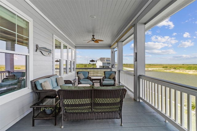 9 Hawkeye, Hitchcock, TX 77563 - wooden terrace featuring ceiling fan, an outdoor living space, and a water view