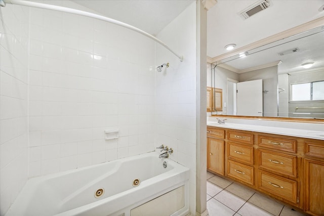 bathroom with vanity, tile patterned flooring, shower / washtub combination, and ornamental molding