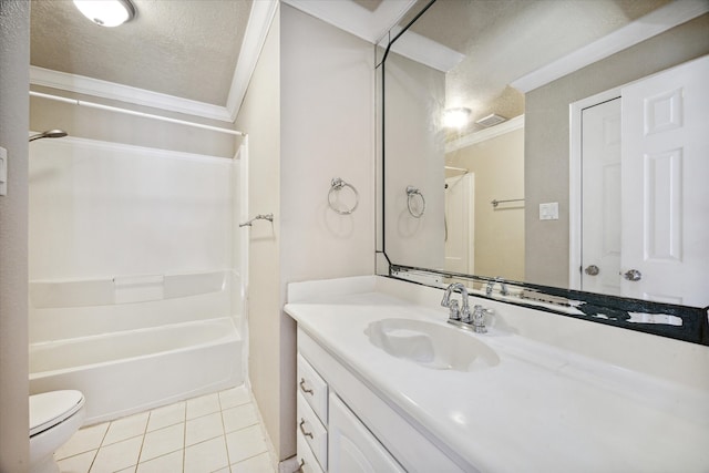 full bathroom featuring a textured ceiling, tile patterned floors, vanity, shower / bath combination, and crown molding