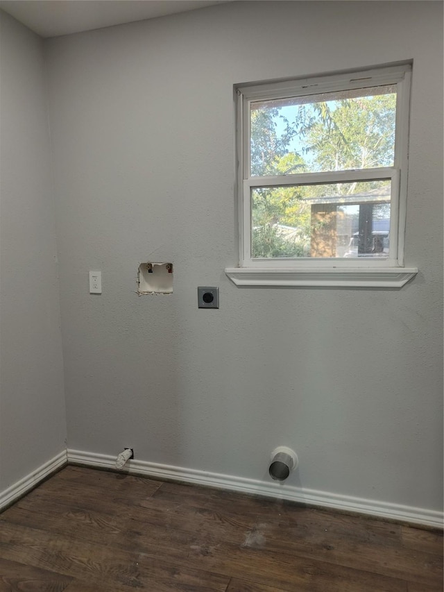 laundry room featuring laundry area, baseboards, dark wood-style flooring, hookup for a washing machine, and electric dryer hookup