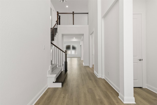 foyer entrance with a high ceiling and light hardwood / wood-style flooring