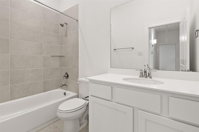 full bathroom with tiled shower / bath combo, vanity, toilet, and tile patterned flooring