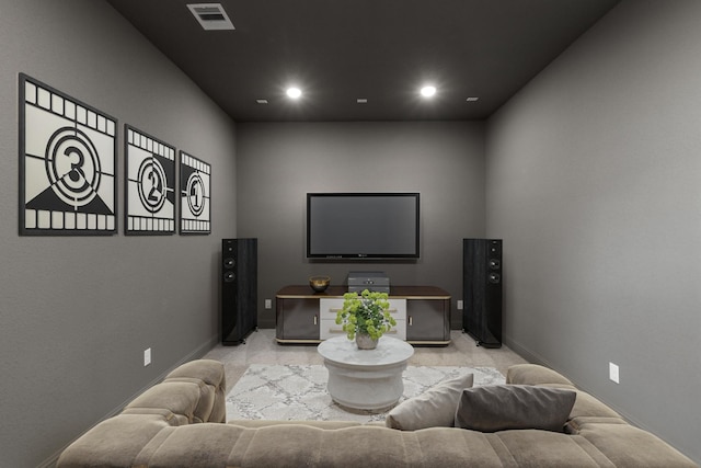 home theater room featuring recessed lighting, visible vents, and baseboards