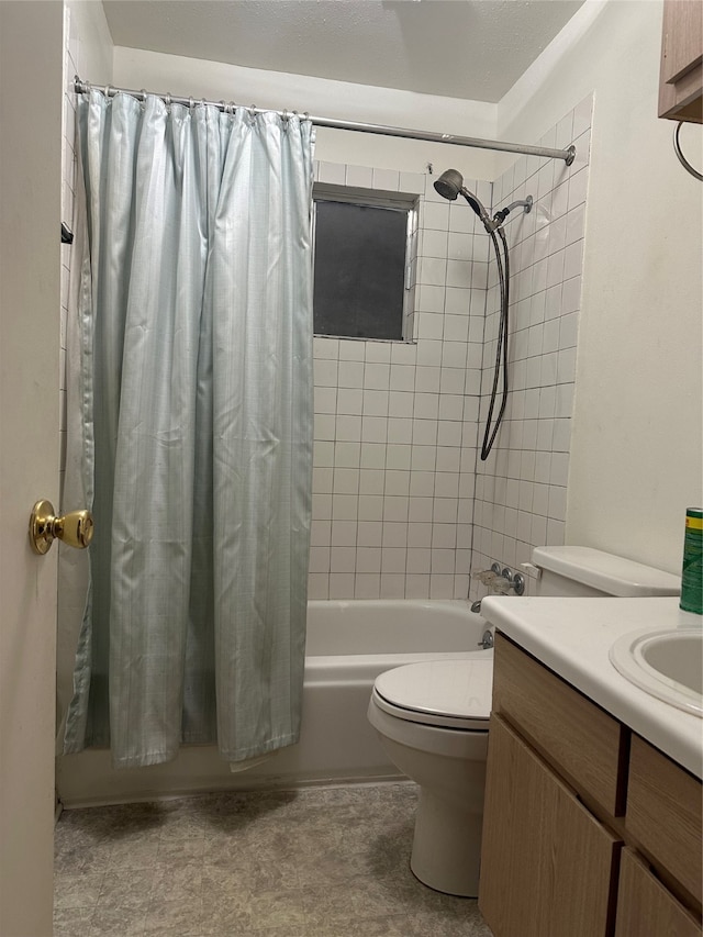 full bathroom featuring vanity, shower / tub combo with curtain, and toilet