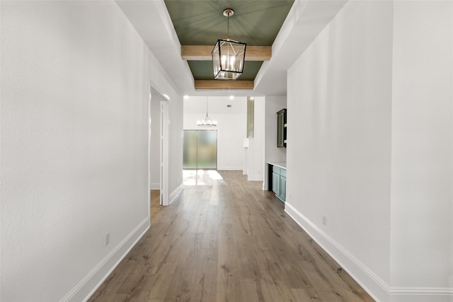 hall with hardwood / wood-style flooring and a tray ceiling